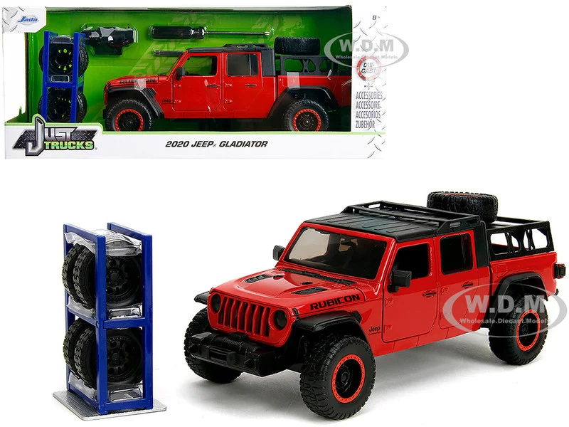2020 Jeep Gladiator Rubicon Pickup Truck Red with Black Top and Extra Wheels "Just Trucks" Series 1/24 Diecast Model Car by Jada - Jeep Models