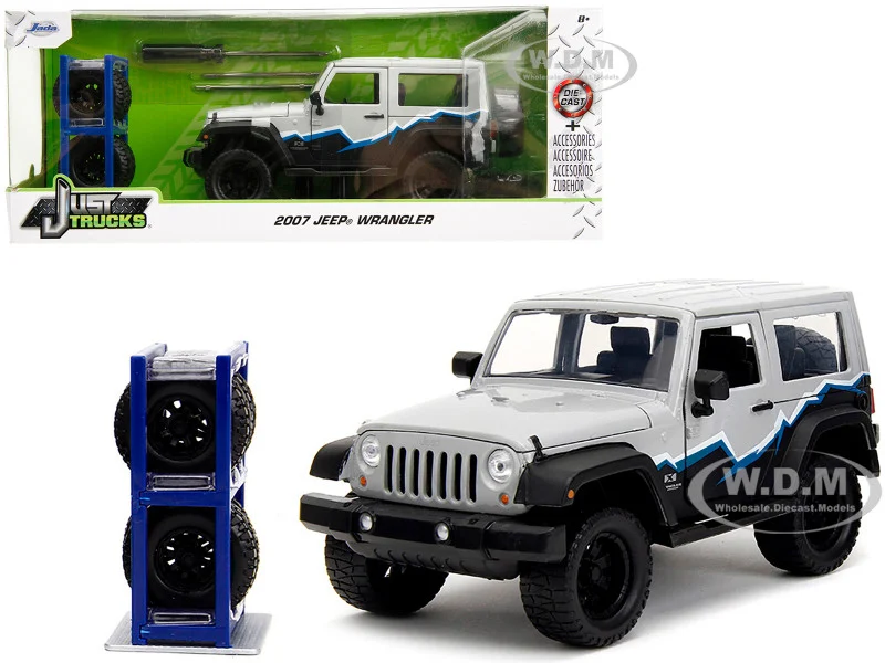 2007 Jeep Wrangler Gray and Black with Blue and White Stripes with Extra Wheels "Just Trucks" Series 1/24 Diecast Model Car by Jada - Jeep Models