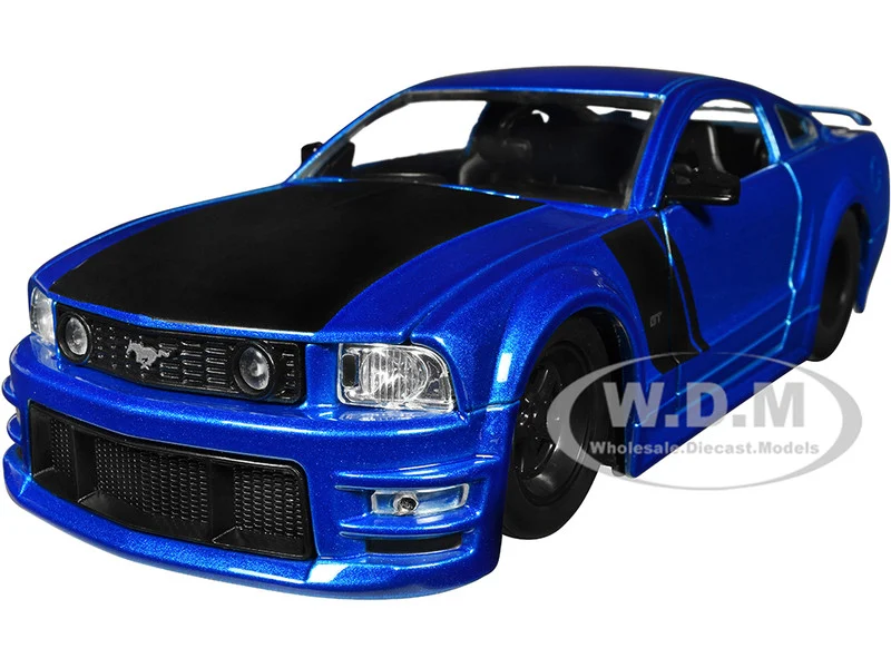 2006 Ford Mustang GT Blue Metallic with Matt Black Hood and Stripes "Bigtime Muscle" Series 1/24 Diecast Model Car by Jada - Ford Models