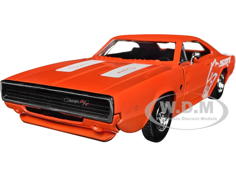 1968 Dodge Charger R/T SRT Orange with White Stripes and Graphics "Bigtime Muscle" Series 1/24 Diecast Model Car by Jada - Dodge Models
