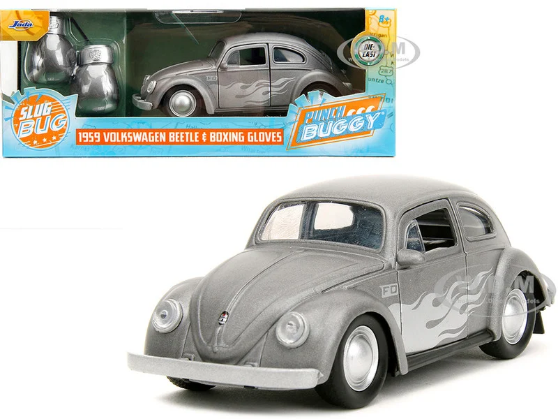 1959 Volkswagen Beetle Gray Metallic with Silver Flames and Boxing Gloves Accessory "Punch Buggy" Series 1/32 Diecast Model Car by Jada - Volkswagen Models