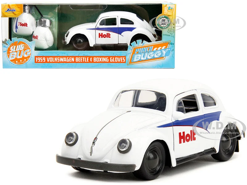 1959 Volkswagen Beetle "Holt" White with Blue Graphics and Boxing Gloves Accessory "Punch Buggy" Series 1/32 Diecast Model Car by Jada - Volkswagen Models