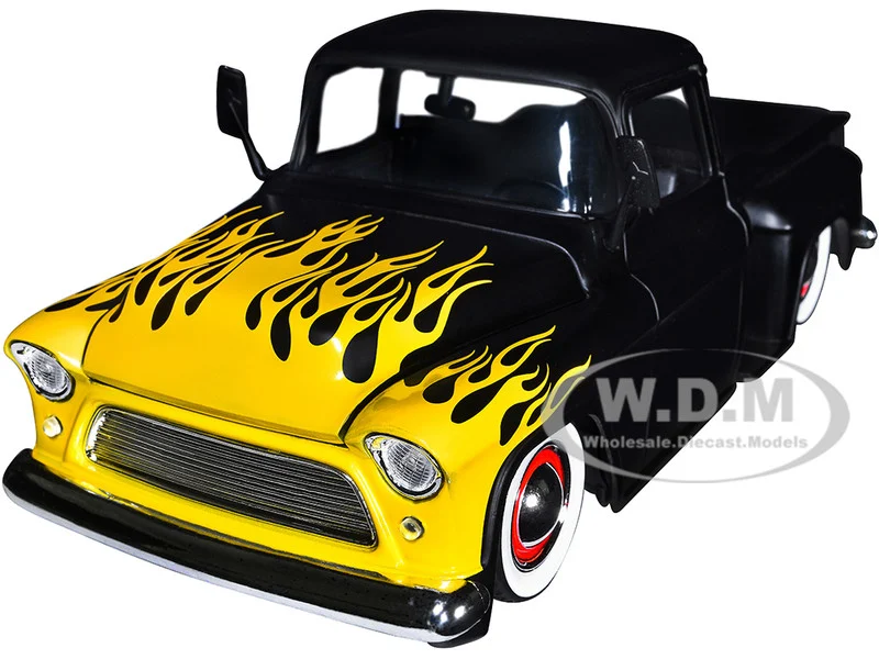 1955 Chevrolet Stepside Pickup Truck Matt Black with Yellow Flames "Just Trucks" Series 1/24 Diecast Model Car by Jada - Chevrolet Models