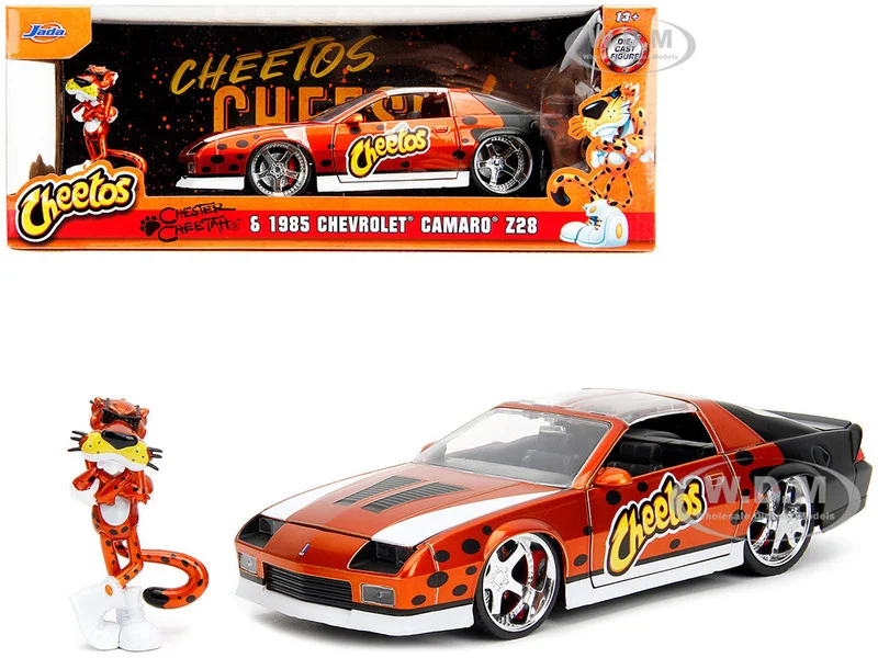 1985 Chevrolet Camaro Z/28 Orange Metallic with Graphics and Chester Cheetah Diecast Figure "Cheetos" "Hollywood Rides" Series 1/24 Diecast Model Car by Jada - Chevrolet Models