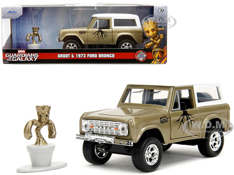 1973 Ford Bronco Gold Metallic with White Top and Groot Diecast Figure "Guardians of the Galaxy" "Marvel" Series 1/32 Diecast Model Car by Jada - Ford Models