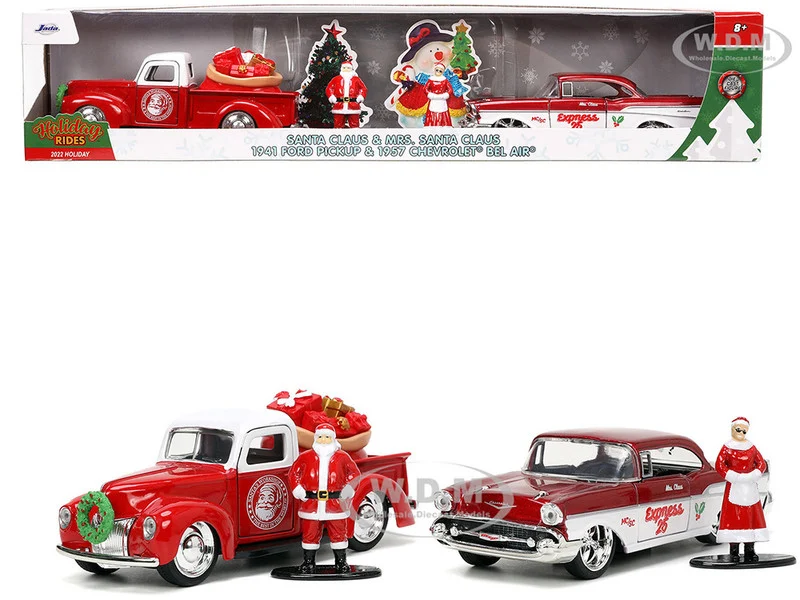 1941 Ford Pickup Truck Red and White "Santa's Workshop" and 1957 Chevrolet Bel Air Red Metallic and White "Express 25" with Mr. and Mrs. Santa Claus Diecast Figures "Holiday Rides" Series 1/32 Diecast Model Cars by Jada - Chevrolet Models