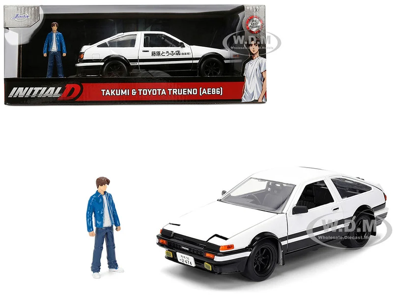 Toyota Trueno (AE86) RHD (Right Hand Drive) White and Black with Graphics and Takumi Diecast Figure "Initial D" (1998-2021) TV Series "Anime Hollywood Rides" Series 1/24 Diecast Model by Jada