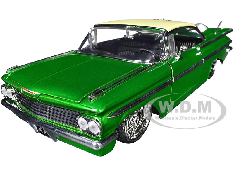 1959 Chevrolet Impala Lowrider Green Metallic with Cream Top and DUB Wire Wheels "Street Low" Series 1/24 Diecast Model Car by Jada - Chevrolet Models