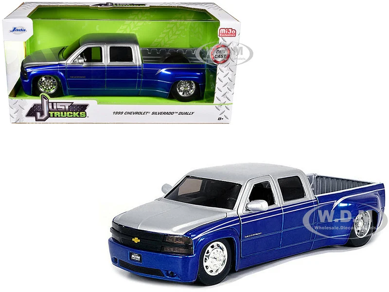 1999 Chevrolet Silverado Dually Pickup Truck Blue Metallic and Silver with Stock Wheels "Just Trucks" Series 1/24 Diecast Model Car by Jada - Chevrolet Models