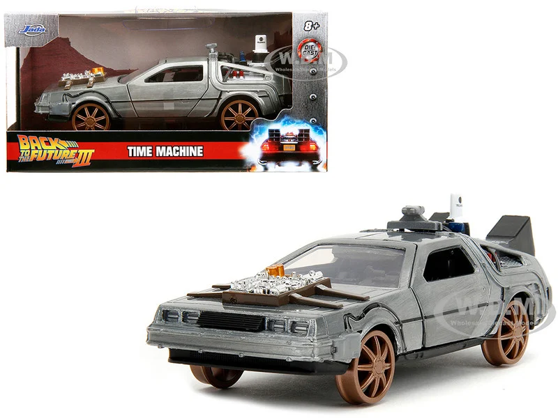 DeLorean DMC (Time Machine) Brushed Metal Train Wheel Version "Back to the Future Part III" (1990) Movie "Hollywood Rides" Series 1/32 Diecast Model Car by Jada - Movie/TV Series Models