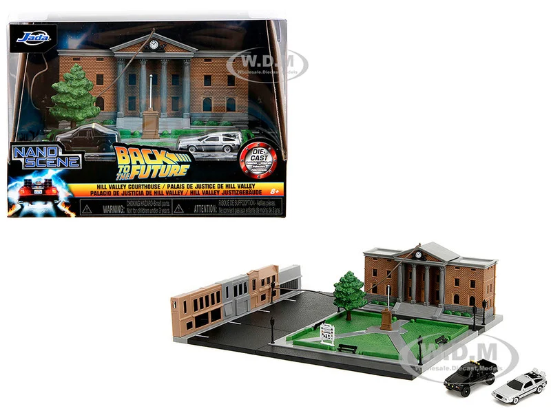 Hill Valley Courthouse Diorama with Black Pickup Truck and Delorean "Back to the Future" (1985) Movie "Nano Scene" Series Model by Jada - Movie/TV Series Models