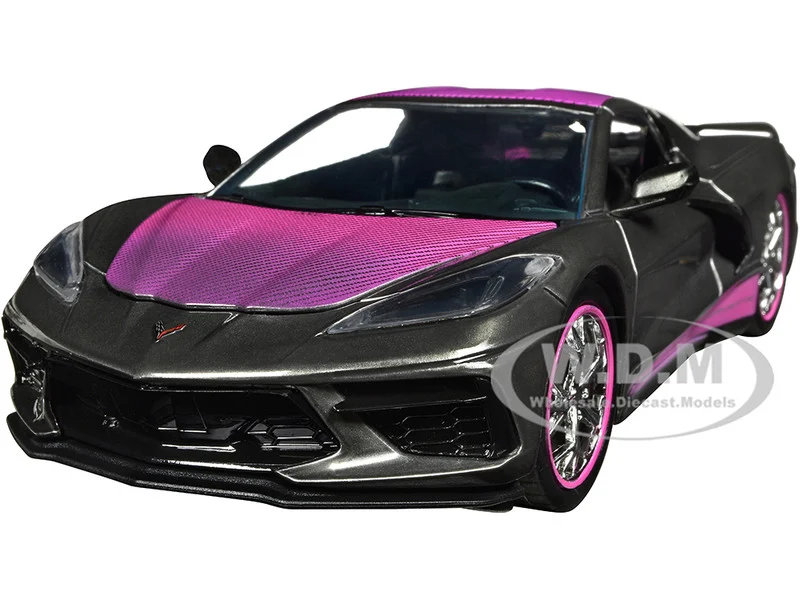 2020 Chevrolet Corvette Stingray Gray Metallic with Pink Carbon Hood and Top "Pink Slips" Series 1/24 Diecast Model Car by Jada - Chevrolet Models
