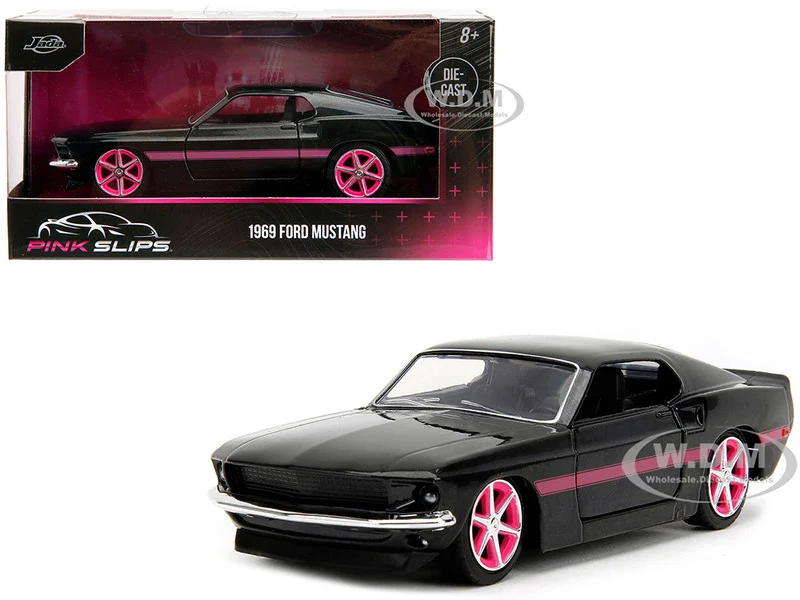 1969 Ford Mustang Black Metallic with Pink Stripes and Wheels "Pink Slips" Series 1/32 Diecast Model Car by Jada - Ford Models