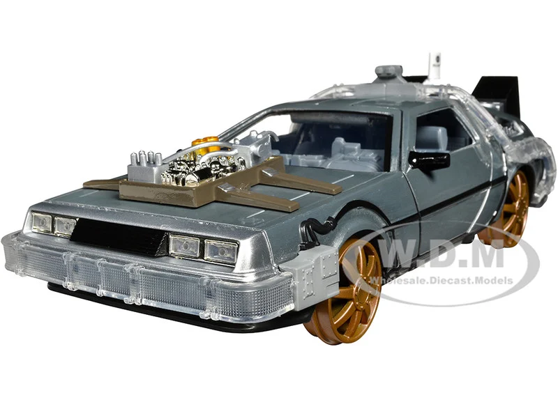 DeLorean Brushed Metal Time Machine (Train Wheel Version) with Lights "Back to the Future Part III" (1990) Movie "Hollywood Rides" Series 1/24 Diecast Model Car by Jada - Movie/TV Series Models