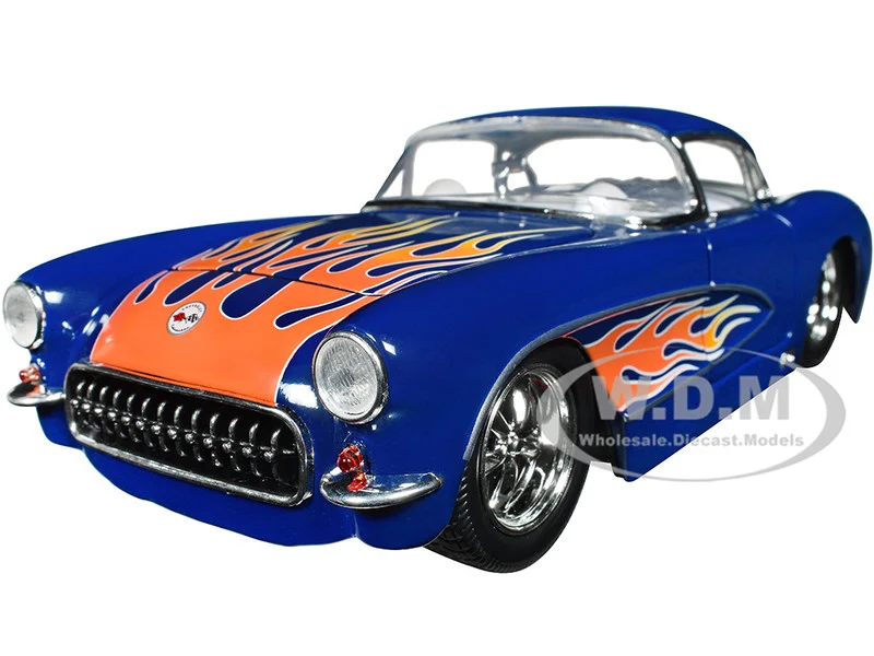 1957 Chevrolet Corvette Dark Blue with Flame Graphics and White Interior "Bigtime Muscle" Series 1/24 Diecast Model Car by Jada - Chevrolet Models