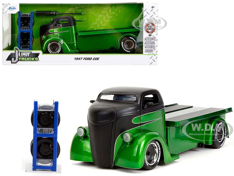 1947 Ford COE Flatbed Truck Green Metallic and Matt Black "Toyo Tires" with Extra Wheels "Just Trucks" Series 1/24 Diecast Model Car by Jada - Ford Models