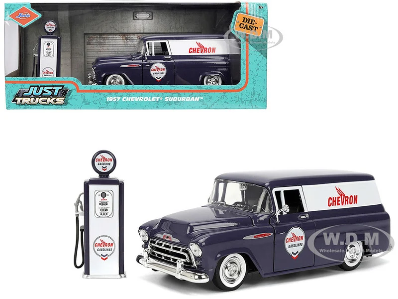 1957 Chevrolet Suburban "Chevron" Dark Blue with White Stripes and Chevron Gas Pump "Just Trucks" Series 1/24 Diecast Model Car by Jada - Chevrolet Models