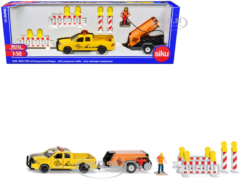 Ram 1500 Pickup Truck Yellow with Compressor Trailer and Worker Figure with Accessories Set 1/50 Diecast Models by Siku - Pickup Trucks Models