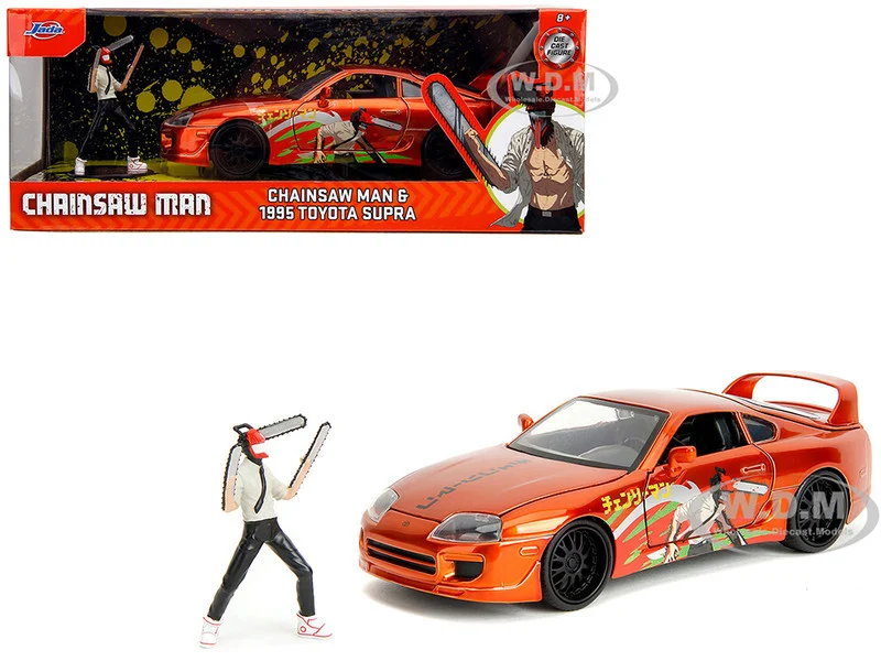 1995 Toyota Supra Orange Metallic with Graphics and Chainsaw Man Diecast Figure "Chainsaw Man" (2022) TV Series "Anime Hollywood Rides" Series 1/24 Diecast Model by Jada - Movie/TV Series Models
