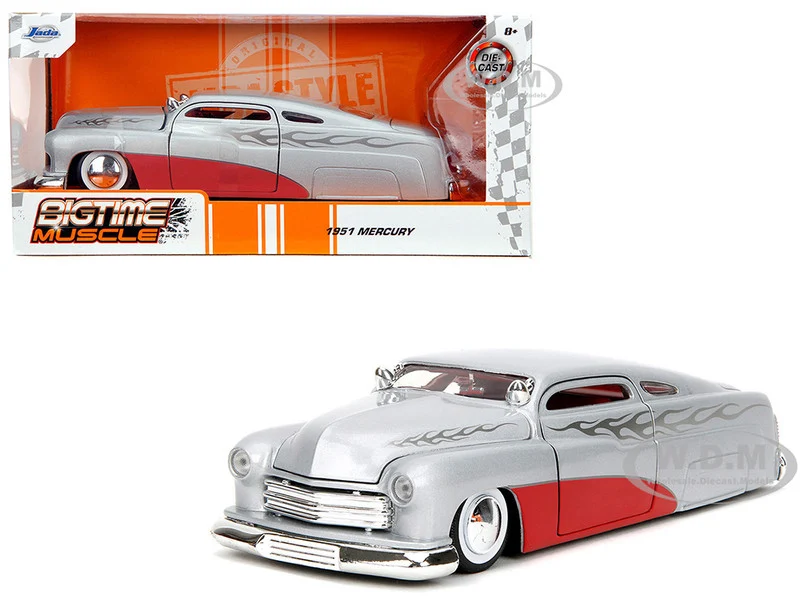 1951 Mercury Silver Metallic and Red with Flame Graphics and Red Interior "Bigtime Muscle" Series 1/24 Diecast Model Car by Jada - Mercury Models