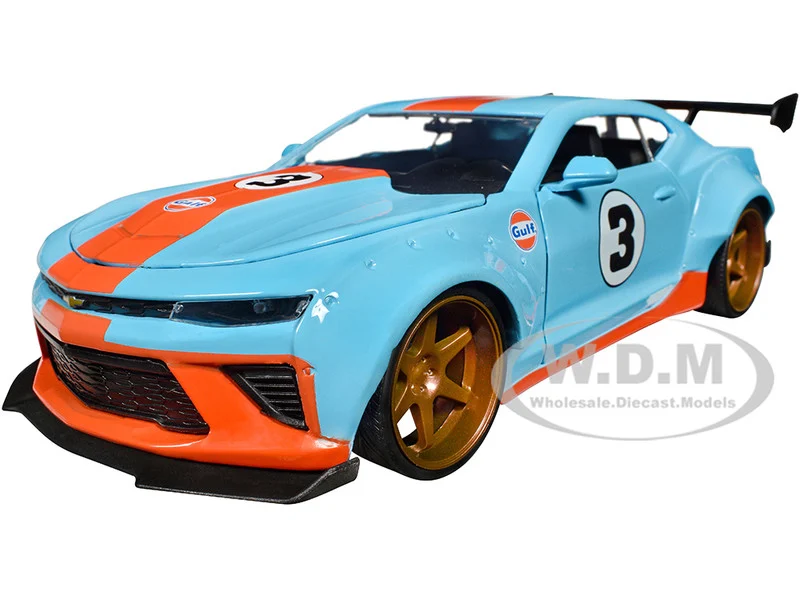 2016 Chevrolet Camaro Widebody #3 Light Blue with Orange Stripes "Gulf Oil" "Wide Body" Series 1/24 Diecast Model Car by Jada - Chevrolet Models