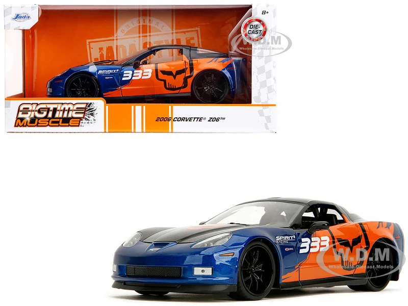 2006 Chevrolet Corvette Z06 #333 "Spirit Racing" Blue Metallic and Orange with Black Hood and Top "Bigtime Muscle" Series 1/24 Diecast Model Car by Jada - Chevrolet Models