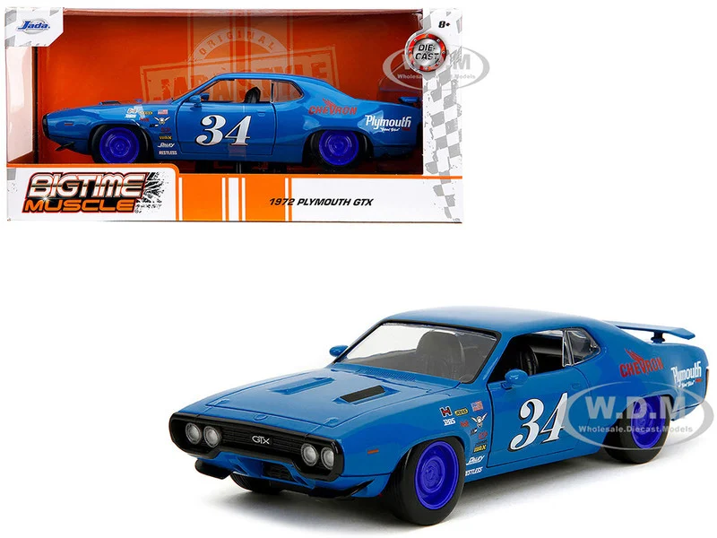 1972 Plymouth GTX #34 Blue with Graphics "Bigtime Muscle" Series 1/24 Diecast Model Car by Jada - Plymouth Models