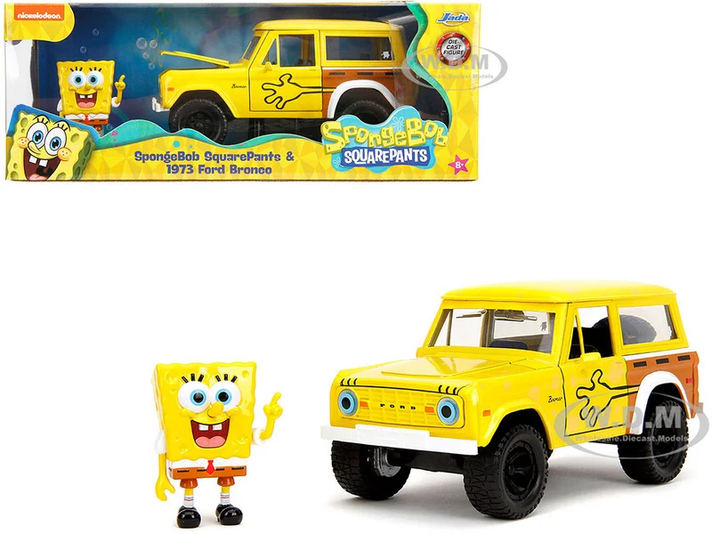 1973 Ford Bronco Yellow with Graphics and SpongeBob SquarePants Diecast Figure "SpongeBob SquarePants" (1999–Current) TV Series "Hollywood Rides" Series 1/24 Diecast Model Car by Jada - Ford Models