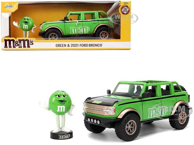 2021 Ford Bronco Green with Black Stripes and Green M&M's Diecast Figure "Hollywood Rides" Series 1/24 Diecast Model Car by Jada - Ford Models