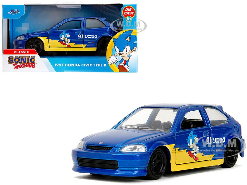 1997 Honda Civic Type R Blue Metallic with Graphics "Sonic the Hedgehog" (1991) Video Game "Hollywood Rides" Series 1/32 Diecast Model Car by Jada - Honda Models