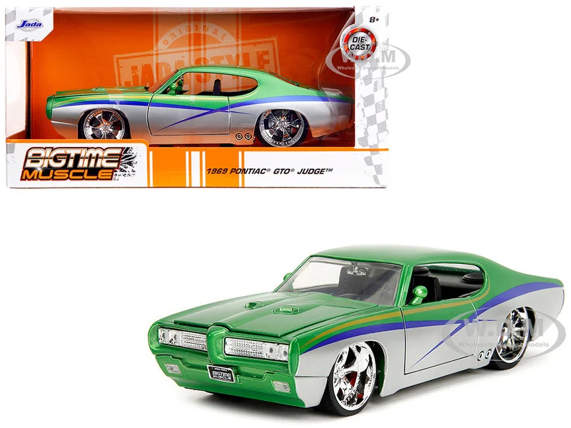 1969 Pontiac GTO Judge Green Metallic and Silver with Stripes "Bigtime Muscle" Series 1/24 Diecast Model Car by Jada - Pontiac Models