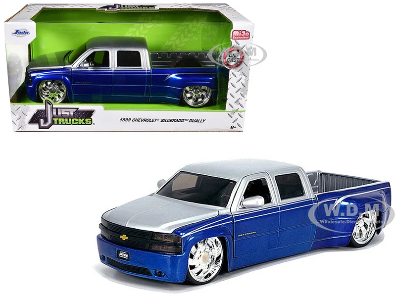 1999 Chevrolet Silverado Dually Pickup Truck Blue Metallic and Silver with Custom KMC Wheels "Just Trucks" Series 1/24 Diecast Model Car by Jada - Chevrolet Models