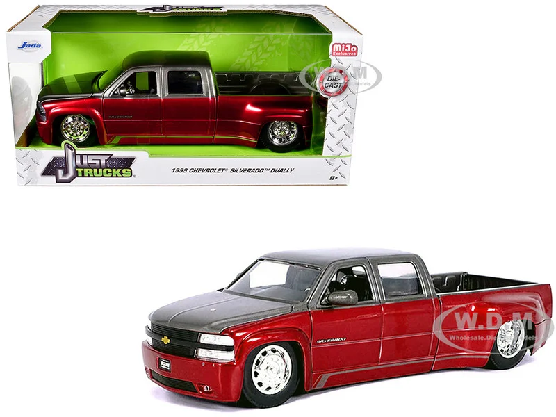 1999 Chevrolet Silverado Dually Pickup Truck Red Metallic and Gray with Stock Wheels "Just Trucks" Series 1/24 Diecast Model Car by Jada - Chevrolet Models