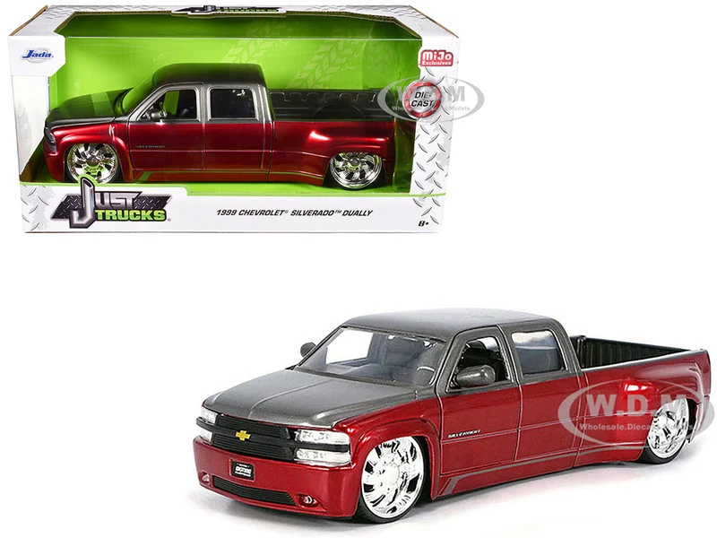 1999 Chevrolet Silverado Dually Pickup Truck Red Metallic and Gray with Custom KMC Wheels "Just Trucks" Series 1/24 Diecast Model Car by Jada - Chevrolet Models