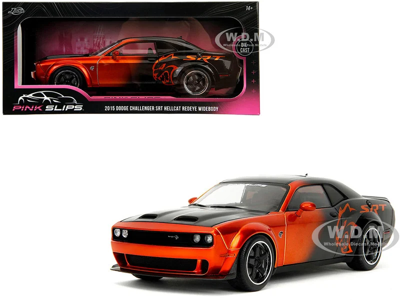 Dodge Challenger SRT Hellcat Orange Metallic and Black "Pink Slips" Series 1/18 Diecast Model Car by Jada - Dodge Models