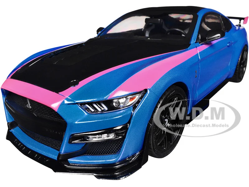 Ford Mustang Shelby GT500 Blue Metallic with Pink Stripes and Black Hood and Top "Pink Slips" Series 1/18 Diecast Model Car by Jada - Ford Models