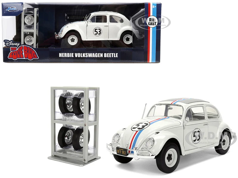 Volkswagen Beetle #53 "Herbie" White with Stripes "The Love Bug" (1968) Movie with Extra Wheels 1/24 Diecast Model Car by Jada - Volkswagen Models