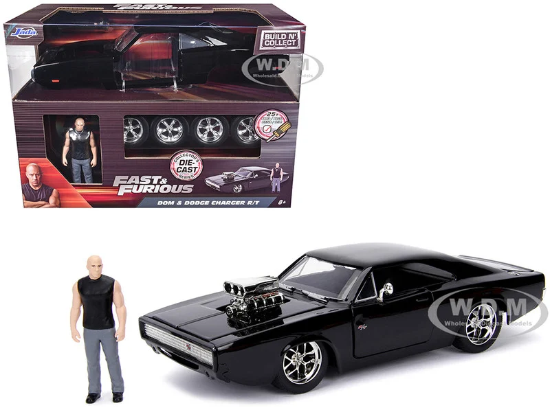 Model Kit Dodge Charger R/T Black and Dom Diecast Figure "Fast & Furious" Movie "Build N' Collect" Series 1/24 Diecast Model Car by Jada - Dodge Models