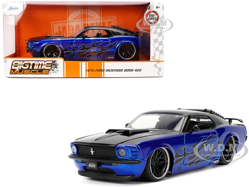 1970 Ford Mustang Boss 429 Black and Blue Metallic with Flames "Bigtime Muscle" Series 1/24 Diecast Model Car by Jada - Ford Models