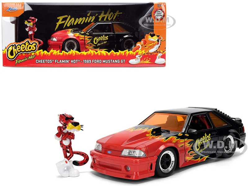 1989 Ford Mustang GT Black with Red Flame Graphics and Chester Cheetah Diecast Figure "Cheetos Flamin' Hot" "Hollywood Rides" Series 1/24 Diecast Model Car by Jada - Ford Models