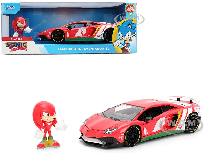 Lamborghini Aventador SV Red with Graphics and Knuckles Diecast Figure "Sonic The Hedgehog" Franchise "Hollywood Rides" Series 1/24 Diecast Model by Jada - Lamborghini Models