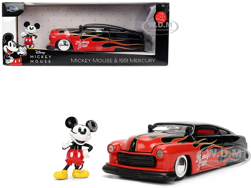 1951 Mercury Coupe Black with Flame Graphics and Red Interior and Mickey Mouse Diecast Figure "Disney's Mickey Mouse" "Hollywood Rides" Series 1/24 Diecast Model Car by Jada - Mercury Models