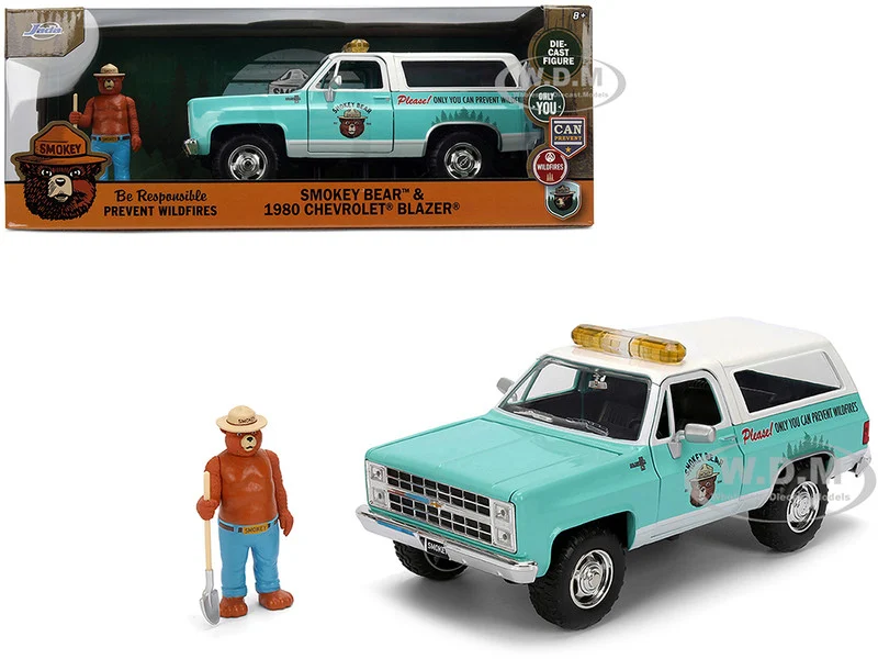 1980 Chevrolet Blazer Light Green with White Top and Graphics and Smokey Bear Diecast Figure "Smokey Bear" "Hollywood Rides" Series 1/24 Diecast Model by Jada - Chevrolet Models