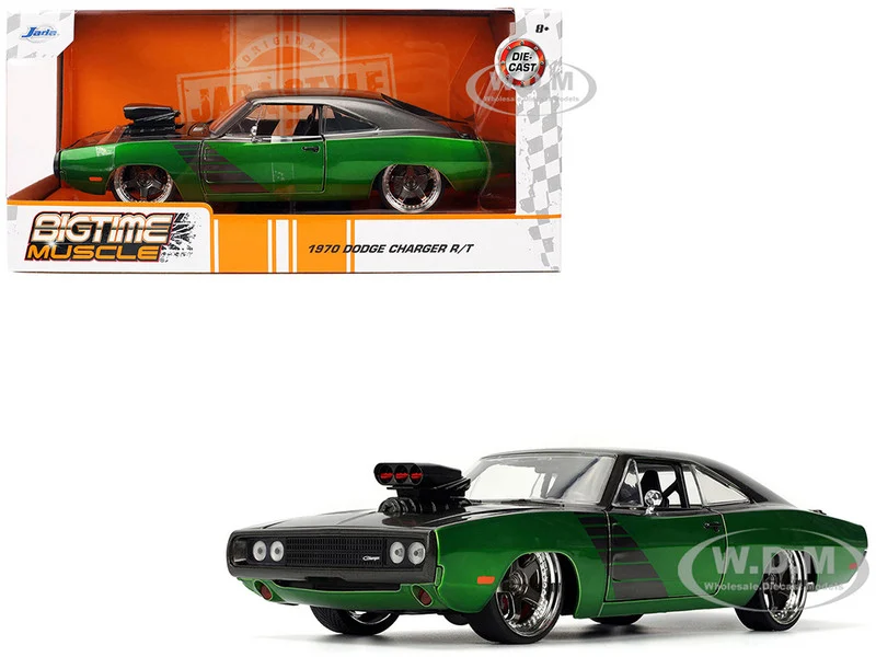 1970 Dodge Charger R/T Dark Gray Metallic and Green Metallic with Dark Gray Stripes "Bigtime Muscle" Series 1/24 Diecast Model Car by Jada - Dodge Models