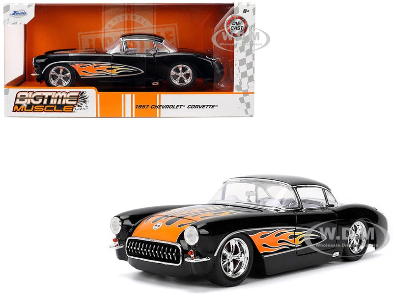 1957 Chevrolet Corvette Black with Flame Graphics and White Interior "Bigtime Muscle" Series 1/24 Diecast Model Car by Jada - Chevrolet Models