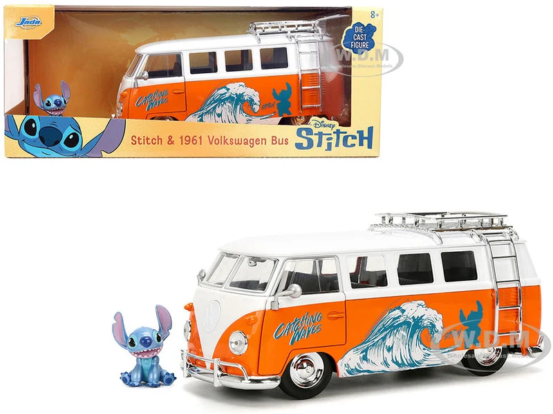 1961 Volkswagen Bus "Catching Waves" White and Orange with Stich Diecast Figure "Disney's Stitch" "Hollywood Rides" Series 1/24 Diecast Model by Jada - Volkswagen Models