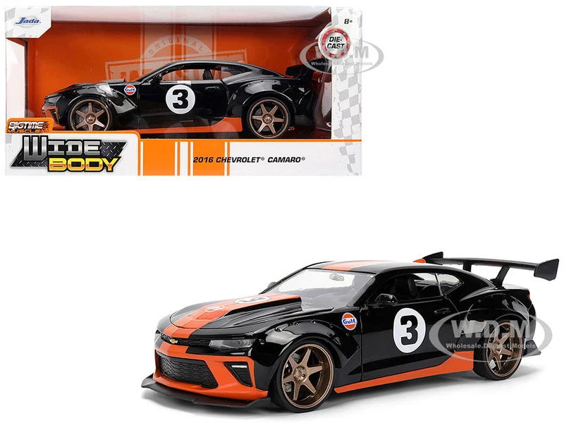 2016 Chevrolet Camaro #3 "Gulf Oil" Black with Orange Stripe "Wide Body" Series 1/24 Diecast Model Car by Jada - Chevrolet Models