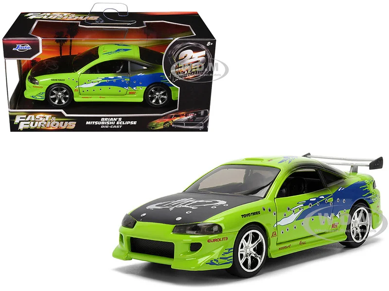 Brian's Mitsubishi Eclipse Green with Graphics (Damaged Version) "25 Years of Fast & Furious" "The Fast and the Furious" (2001) Movie 1/32 Diecast Model Car by Jada - Movie/TV Series Models