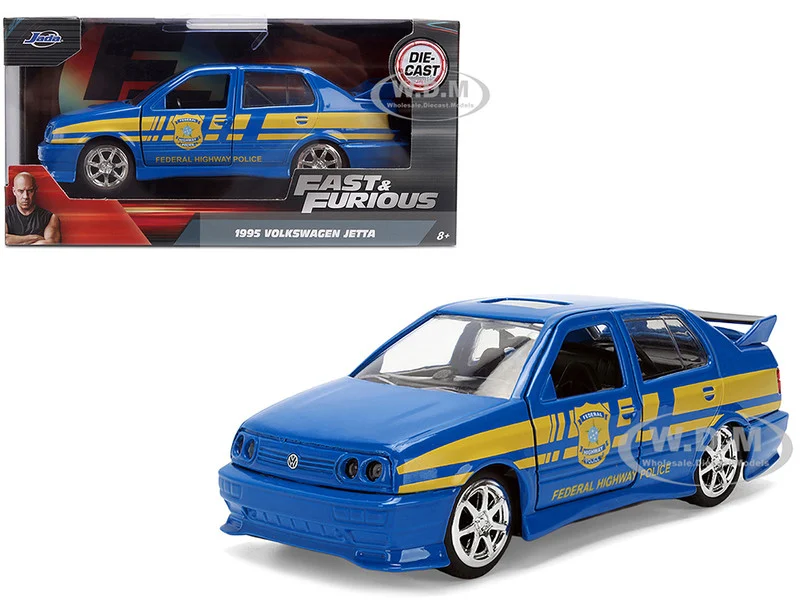 Volkswagen Jetta Police Vehicle "Rio Federal Highway Police" Blue with Yellow Stripes "Fast Five" (2011) Movie "Fast & Furious" Series 1/32 Diecast Model Car by Jada - Police Models