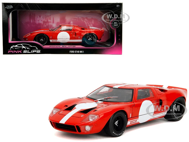 Ford GT40 MK1 Red with White Stripes and Graphics "Pink Slips" Series 1/18 Diecast Model Car by Jada - Ford Models